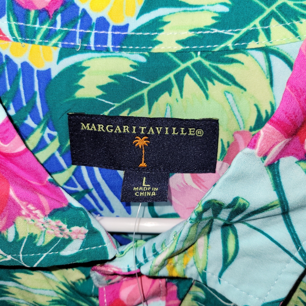 Margaritaville Green and Pink Tropical Casual Shirt with Parrots - Large - NWT - Picture 2 of 6